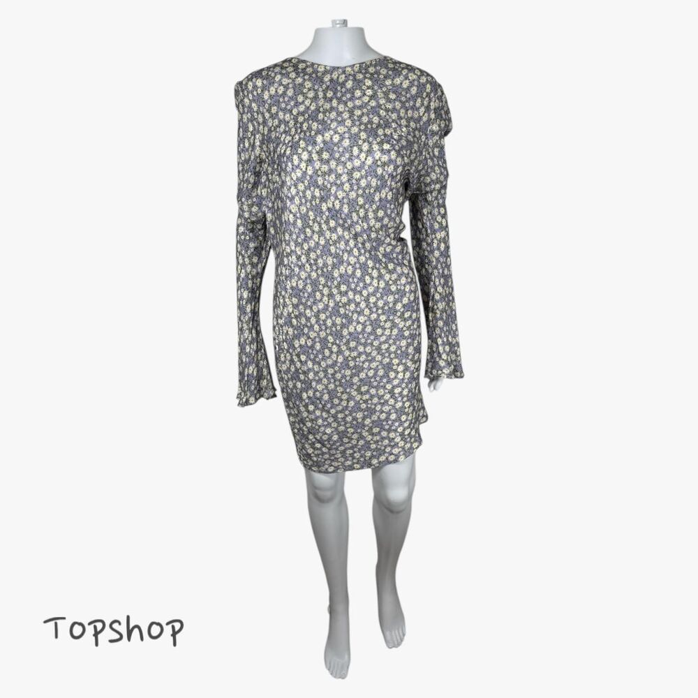 Topshop Women's Jacquard Fluted Sleeve Mini Dress In Lilac Floral Sz 14 Party